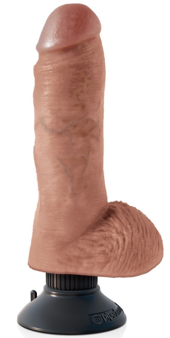 Кофейный вибромассажер со съёмной присоской 8" Vibrating Cock with Balls - 20,3 см.