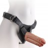 Кофейный сдвоенный поясной страпон Strap-On Harness with 7" Two Cocks One Hole - 19,1 см.