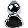 Серебристая коническая анальная пробка с черным кристаллом-сердечком - 7 см. 