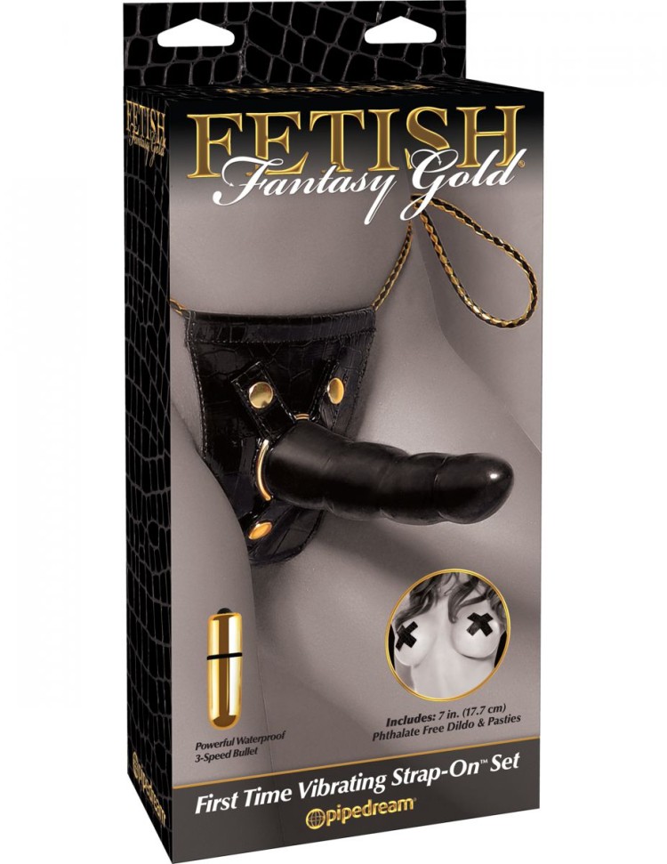 Женский страпон First Time Vibrating Strap-On Set с вибропулей для клиторальной стимуляции - 16,5 см.