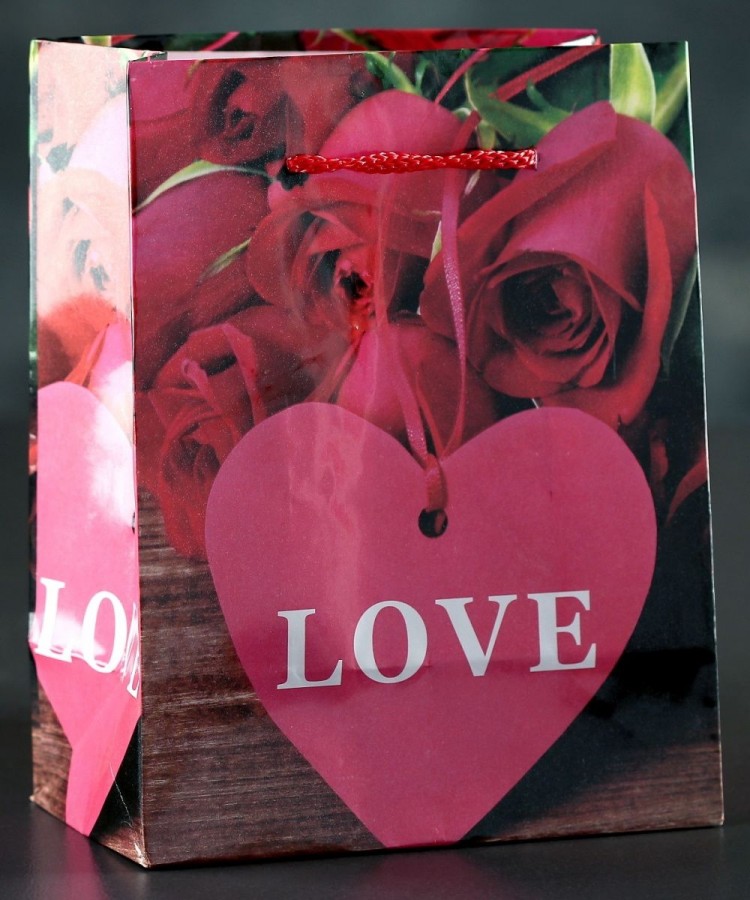 Подарочный пакет Love с розочками и сердечками - 15 х 12 см.