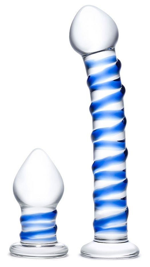 Набор из 2 стеклянных игрушек с синей спиралью Swirly Dildo & Buttplug Set