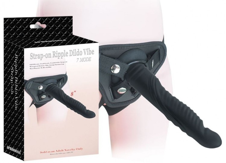 Черный страпон 8 inch Strap-on Ripple Dildo Vibe - 21 см.