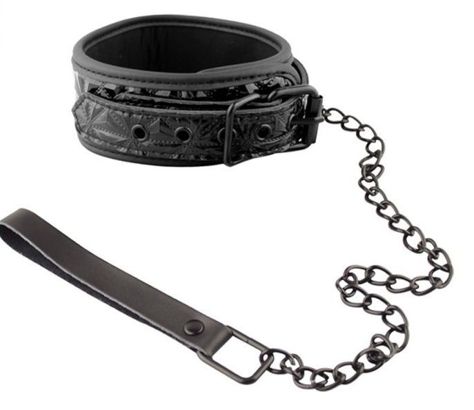 Чёрный кожаный ошейник с поводком Collar With Leash 