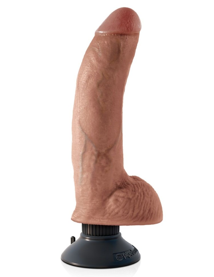 Кофейный виброфаллос со съемной присоской 9" Vibrating Cock with Balls - 22,9 см.