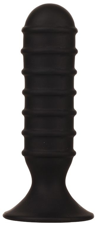 Чёрный силиконовый анальный массажер MENZSTUFF RIBBED TORPEDO DONG - 13 см.