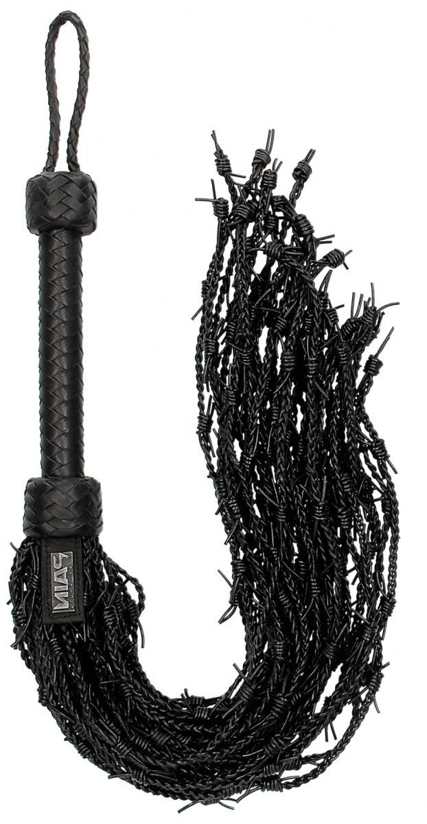 Черная многохвостая плетеная плеть Leather Barbed Wire Flogger - 77 см.