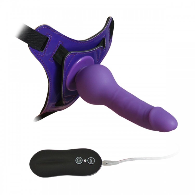 Фиолетовый страпон 10 Mode Vibrations 6.3" Harness Silicone Dildo - 15,5 см.