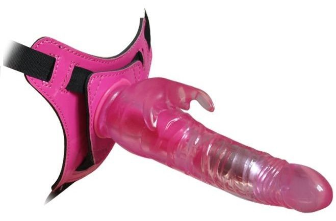 Розовый страпон 10 Mode Vibrations 8.5" Harness Rabbit Dong - 19 см.