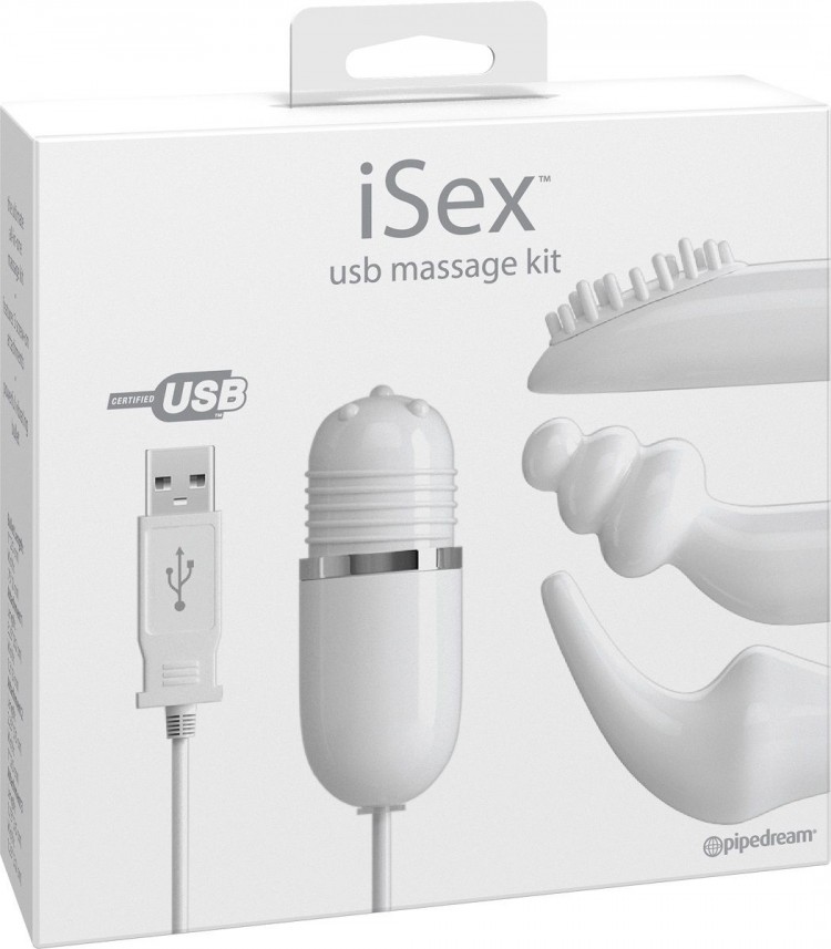 Белый вибромассажер с набором насадок USB MASSAGE KIT на проводе USB