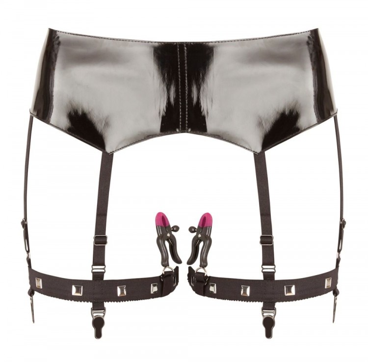 Черная сбруя на бедра с зажимами для половых губ Suspender Belt with Clamps