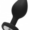 Черная анальная пробка с прозрачным стразом Large Ribbed Diamond Heart Plug - 8 см.