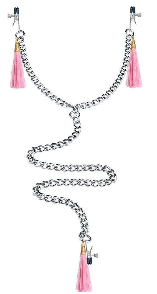 Зажимы на соски и половые губы с розовыми кисточками Nipple Clit Tassel Clamp With Chain