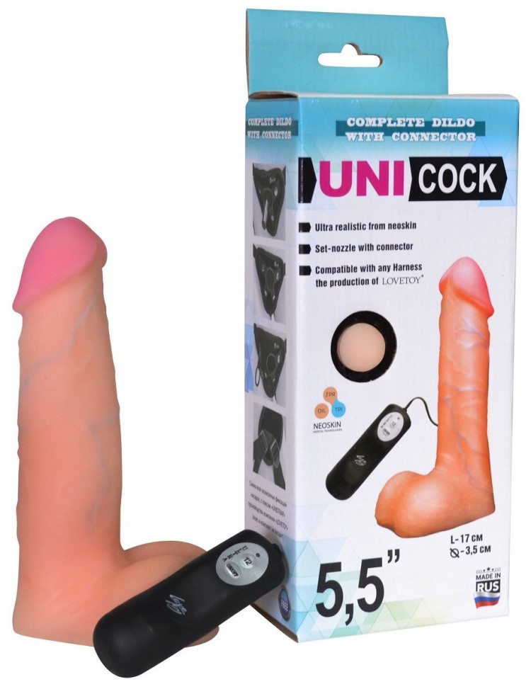 Фаллическая насадка Харнесс UNICOCK 5,5" с вибрацией - 17 см.